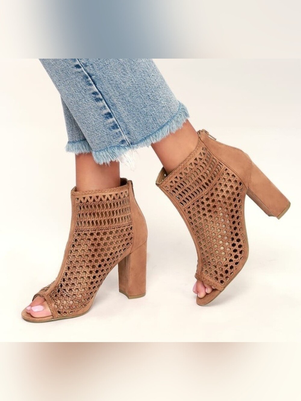 Woven Peep-Toe Block Heel Booties - Tan